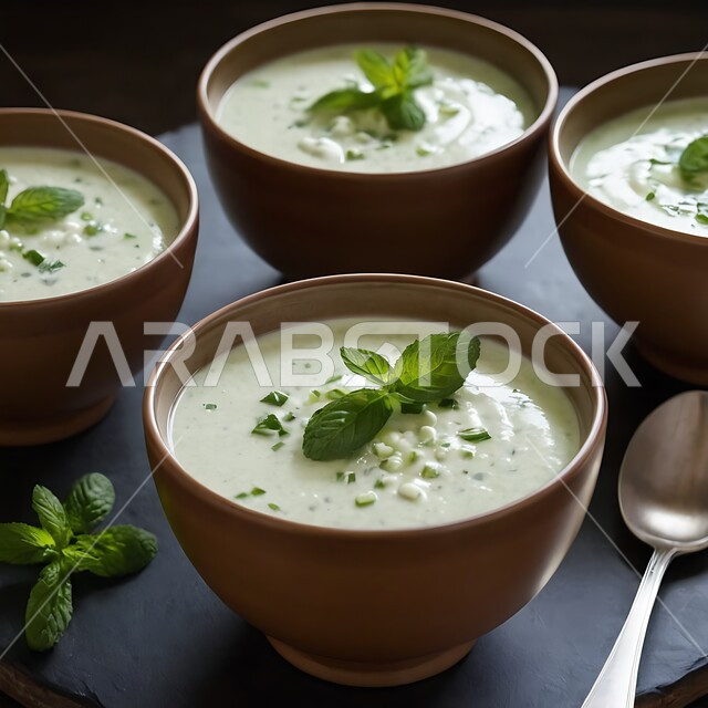 المقبلات وفاتحات الشهية اللذيذة، أطباق ووصفات باردة ومنعشة، وعاء من لبن الزبادي مع الخيار الطازج المزين بالنعناع، وجبات سريعة صحية قليلة السعرات الحرارية، وجبة طعام خفيفة