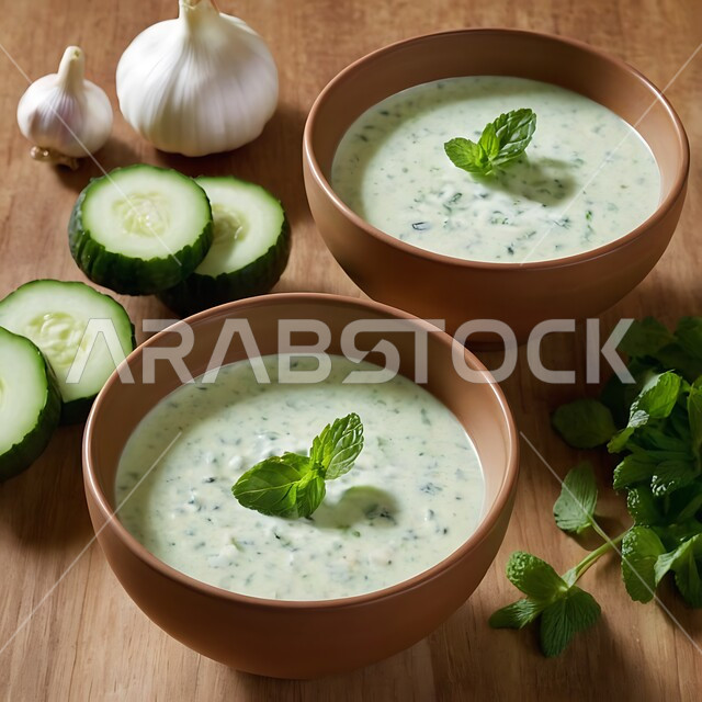  وعاء من لبن الزبادي مع الثوم والخيار الطازج المزين بالنعناع، وجبات سريعة صحية قليلة السعرات الحرارية، وجبة طعام خفيفة، المقبلات وفاتحات الشهية اللذيذة، أطباق ووصفات باردة ومنعشة