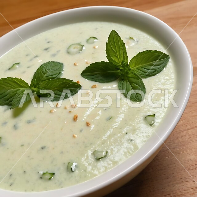 المقبلات وفاتحات الشهية اللذيذة، أطباق ووصفات باردة ومنعشة، وعاء من لبن الزبادي مع الخيار الطازج المزين بالنعناع، وجبات سريعة صحية قليلة السعرات الحرارية، وجبة طعام خفيفة