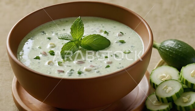 أطباق ووصفات باردة ومنعشة، وعاء من لبن الزبادي مع الخيار الطازج المزين بالنعناع، وجبات سريعة صحية قليلة السعرات الحرارية، وجبة طعام خفيفة، المقبلات وفاتحات الشهية اللذيذة