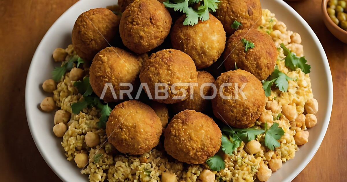 طبق من اقراص الفلافل مع الحمص والخضروات، المطاعم العربية التقليدية في ...