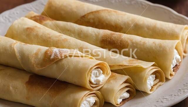 وجبة فطور خفيفة، قطع الحلى الشهية، لفائف الكريب المزينة والمحشوه بالكريمة، حلويات باردة لذيذة، سكريات و أطعمه ذات سعرات حراريه عاليه