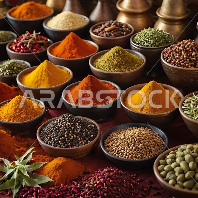 Popular traditional markets for selling spices and aromatics, a view displaying colorful and varied spices, natural flavorings and colorings for foods and foods, plants with health and medicinal benefits, local Saudi national agricultural products and crops.