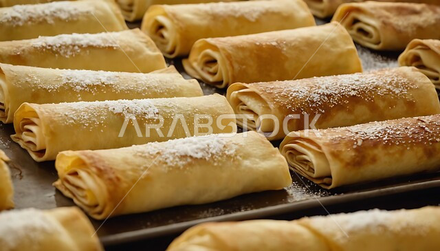 وجبة فطور خفيفة، قطع الحلى الشهية، لفائف الكريب المزينة والمحشوه بالكريمة، حلويات باردة لذيذة، سكريات و أطعمه ذات سعرات حراريه عاليه