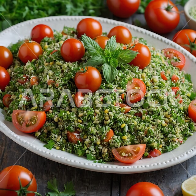  تقديم وجبات طعام صحية ومفيدة في المطاعم السعودية، حمية غذائية للمحافظة على اللياقة البدنية، أطعمة غنية بالفيتامينات، أطباق المقبلات العربية والمأكولات الشرقية، طبق التبولة مليء بالخضراوات الطازجة