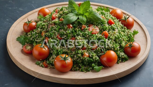 طبق التبولة مليء بالخضراوات الطازجة، تقديم وجبات طعام صحية ومفيدة في المطاعم السعودية، حمية غذائية للمحافظة على اللياقة البدنية، أطعمة غنية بالفيتامينات، أطباق المقبلات العربية والمأكولات الشرقية