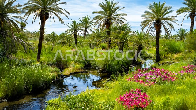 محميه طبيعيه لزراعة اشجار النخل في النهار، حقول واراضي زراعيه، منتج عربي محلي وطني، محصول التمر والرطب السعودي، واحات ومزارع النخيل الخضراء في المملكة العربية السعودية