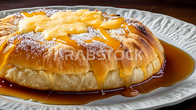 معجنات الكنافة المحشوة بالقشطة والمزينة بالصلصلة المحلية، قطع الحلوى الشهية على صحن معدني، مطاعم ومأكولات في المملكة العربية السعودية، وصفات أكلات سكريات وحلويات بالقطر تقليدية مشهورة