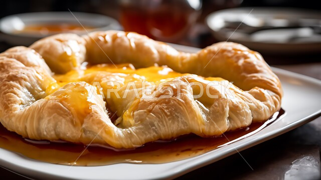 Recipes for famous traditional sweets and sweets in Qatar, kunafa pastries stuffed with cream and decorated with local sauce, delicious candy pieces on a metal plate, restaurants and food in the Kingdom of Saudi Arabia