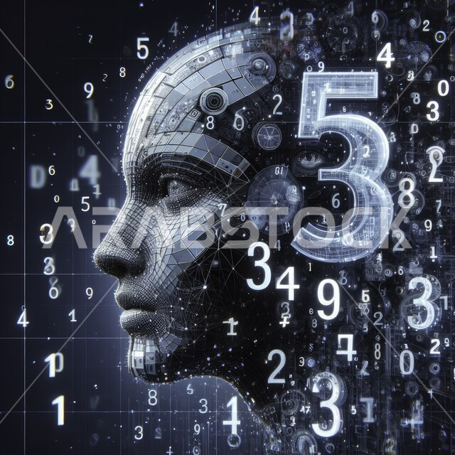 Technological development in solving mathematical equations, innovation, science and artificial intelligence technology, Saudi Vision 2030, a close-up of a man’s head surrounded by numbers using hologram technology, working with technical plans, the big data network and digital transformation, and achieving the industrial revolution.