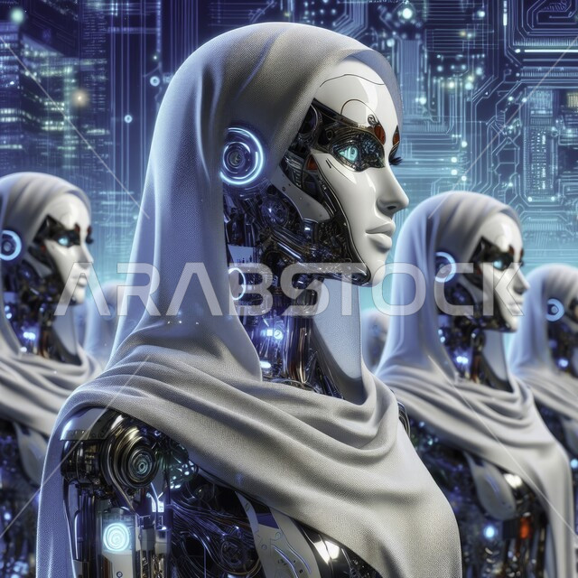 Big data network and digital transformation, technological development and achieving the industrial revolution, innovation, science and artificial intelligence technology, Saudi Vision 2030, a group of veiled Muslim female robots surrounded by electronic chips, working with technical plans