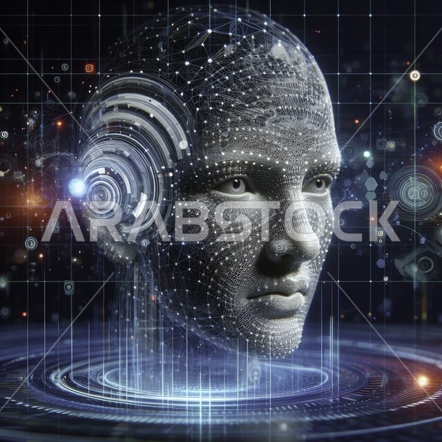 Innovation, science and artificial intelligence technology, Saudi Vision 2030, close-up of a man’s head surrounded by electronic chips, working with technical plans, big data network and digital transformation, black background, technological development and achieving the industrial revolution