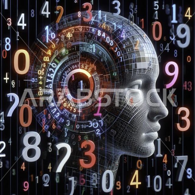 Technological development in solving mathematical equations, innovation, science and artificial intelligence technology, Saudi Vision 2030, a close-up of a man’s head surrounded by numbers using hologram technology, working with technical plans, the big data network and digital transformation, and achieving the industrial revolution.