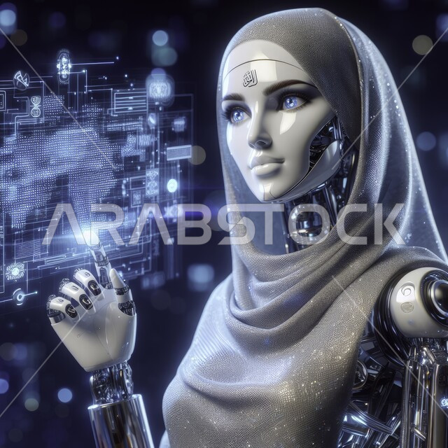 Working with technical plans, big data network and digital transformation, technological development and achieving the industrial revolution, innovation, science and artificial intelligence technology, Saudi Vision 2030, a close-up of a veiled Muslim woman surrounded by electronic chips