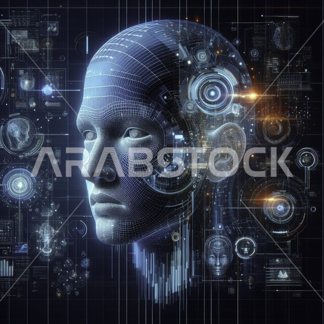 Technological development and achieving the industrial revolution, innovation, science and artificial intelligence technology, Saudi Vision 2030, close-up of a man’s head surrounded by electronic chips, working with technical plans, big data network and digital transformation