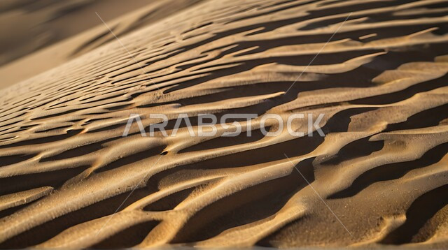 Plateaus and hills of soft sand in the Empty Quarter, sand formations and formations in the desert of the Kingdom of Saudi Arabia, terrain, heights and mountain peaks in the prairies, desert regions and the natural desert environment during the day, nature background.