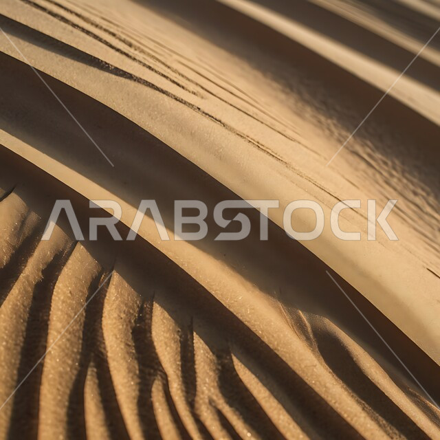 التكوينات والتشكلات الرملية في صحراء المملكة العربية السعودية، التضاريس و المرتفعات والقمم الجبلية في البراري، الهضاب و التلال من الرمال الناعمة في الربع الخالي، مناطق البادية والبيئة الطبيعية الصحراوية في النهار، خلفية الطبيعة
