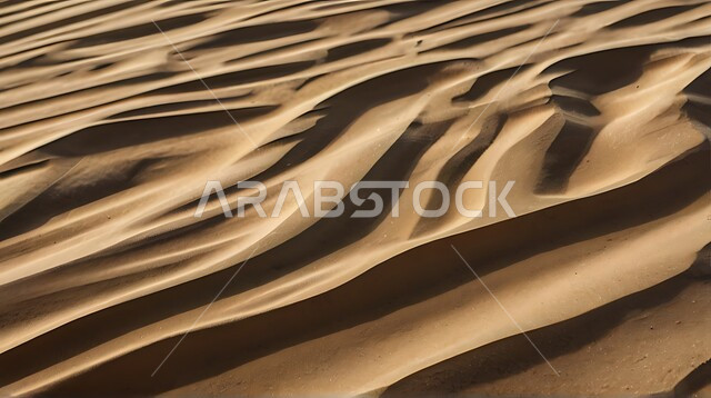 التشكلات والتكوينات الرملية في صحراء المملكة العربية السعودية، التضاريس و المرتفعات والقمم الجبلية في البراري، مناطق البادية والبيئة الطبيعية الصحراوية في النهار، الهضاب و التلال من الرمال الناعمة في الربع الخالي، خلفية الطبيعة