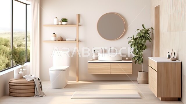 دورة مياه رخاميه فاخرة في أحد المباني السكنيه، الفن الهندسي المعماري للفلل والمنازل الراقية، ديكورات وتصاميم داخلية للحمامات وأحواض الاستحمام في الشقق السياحية، الحمام الداخلي الحديث مع واجهه زجاجية مطلة على الطبيعه الخضراء