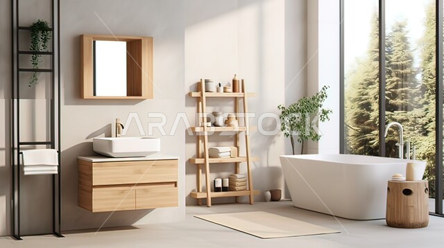 Modern indoor bathroom with a glass facade overlooking the green nature, a luxurious marble bathroom in a residential building, architectural engineering art for villas and high-end homes, decorations and interior designs for bathrooms and bathtubs in tourist apartments.