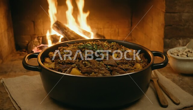 الطهي على موقد الحطب، وجبة الحنيذ الشهية، وعاء من لحوم الضأن المتبلة والمشوية وصلصة الطماطم اثناء الطهي، أكلات شعبية تقليدية مشهورة، وصفات المأكولات الشرقيه اللذيذة، المطاعم والمطابخ في المملكة العربية السعودية