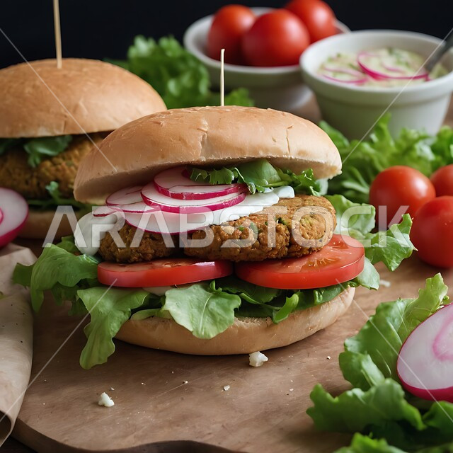 مأكولات عربية شرقية، وجبة فطور شهية، شطيرة محشوة بأقراص الفلافل المقلية الناضجة مع الخضراوات الطازجة على لوح خشبي، وصفات طعام شعبية في مطاعم المملكة العربية السعودية