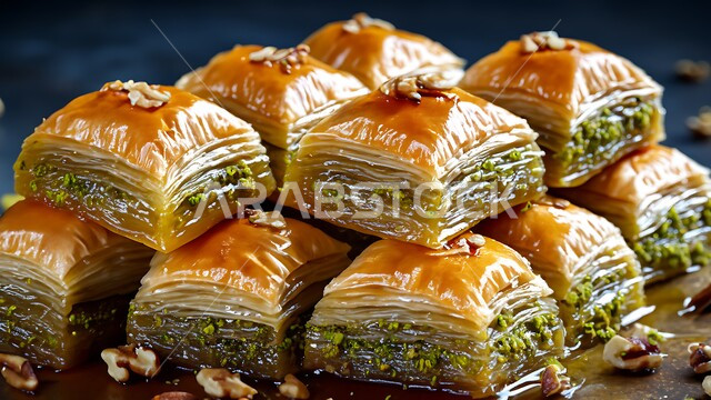 Saudi desserts with pistachios and nuts, dishes of oriental Arab sweets, foods rich in sugars and calories, delicious baklava pieces, warm hospitality in the Kingdom of Saudi Arabia, national local products.