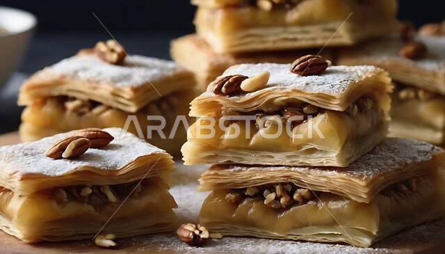  حلويات سعودية بالجوز والبندق، أطباق من الحلى العربي الشرقيي، مأكولات غنية بالسكريات والسعرات الحرارية، قطع البقلاوة بالمكسرات الشهية، كرم الضيافة في المملكة العربية السعودية, منتجات محلية وطنية