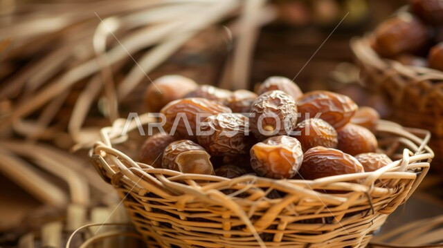 وجبة ذات قيمة غذائية عالية، النباتات والمحاصيل الزراعية المحلية، ضيافة رمضانية تقليدية، صورة مقربة لسلة من القش مليئة بحبات التمر السكري الصحي، منتح وطني محلي، تمور من نخيل المملكة العربية السعودية