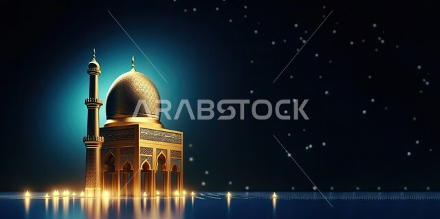 أجواء رمضانية روحانية، تصاميم اسلامية دينية، زينة وديكورات الاعياد والمناسبات الدينية، العبادة والتقرب الى الله في شهر رمضان المبارك، مجسم ثلاثي الابعاد لمسجد على الطراز الاسلامي، خلفية زرقاء