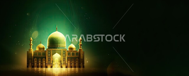ديكورات الاعياد والمناسبات الدينية، العبادة والتقرب الى الله في شهر رمضان المبارك، مجسم ثلاثي الابعاد لمسجد على الطراز الاسلامي، تصاميم اسلامية دينية، أجواء رمضانية روحانية، خلفية خضراء