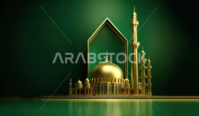 زينة وديكورات الاعياد والمناسبات الدينية، العبادة والتقرب الى الله في شهر رمضان المبارك، مجسم ثلاثي الابعاد لمسجد على الطراز الاسلامي، تصاميم اسلامية دينية، أجواء رمضانية روحانية، خلفية خضراء