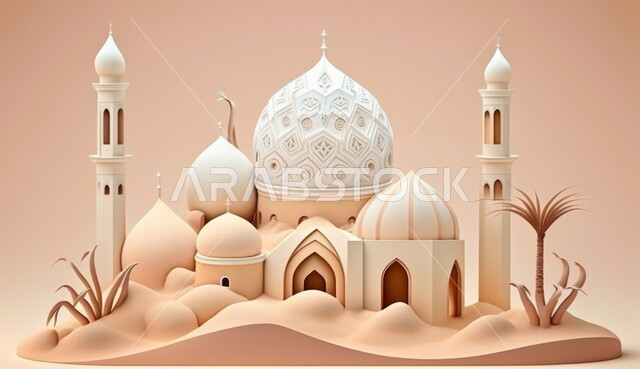 اماكن اسلامية مقدسة، الفن الهندسي المعماري للمساجد في المملكة العربية السعودية، التلال والكثبان الرملية في المناطق الصحراوية، مجسم ثلاثي الأبعاد لهلال ومسجد على الطراز الاسلامي، أجواء دينية رمضانية، الاحتفال بقدوم شهر رمضان، خلفية بيج