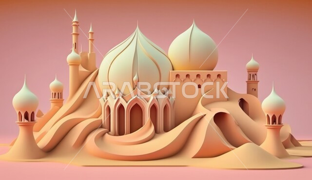 الاحتفال بقدوم شهر رمضان، اماكن اسلامية مقدسة، الفن الهندسي المعماري للمساجد في المملكة العربية السعودية، التلال والكثبان الرملية في المناطق الصحراوية، مجسم ثلاثي الأبعاد لهلال ومسجد على الطراز الاسلامي، أجواء دينية رمضانية، خلفية وردية