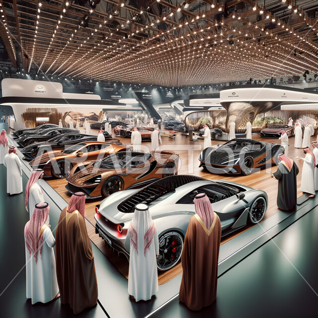 فعاليات حضور إفتتاح معرض للسيارات الكهربائية الحديثة والفخمة في السعودية، صورة من الخلف لمجموعة من الرجال السعوديون يقومون بمعاينة المركبات الفاخرة والمتميزة، جذب الزوار من مختلف المناطق والبلدان