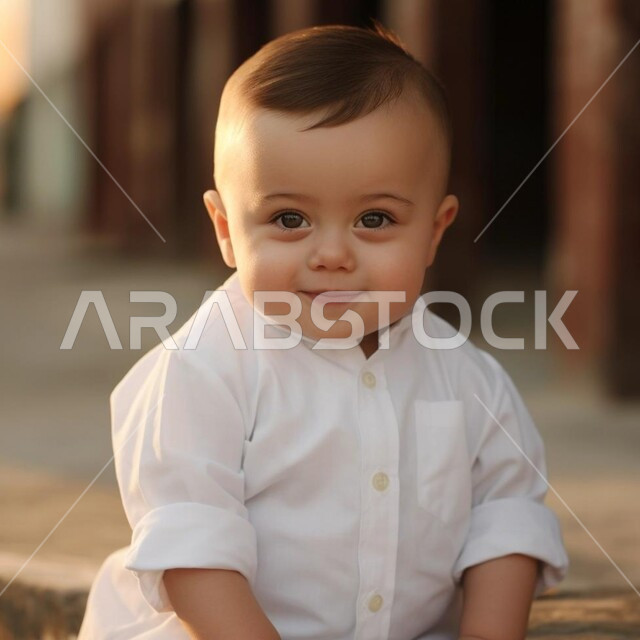 التقاط الصور الشخصية للوثائق الرسمية، صورة مقربة لطفل عربي خليجي سعودي مبتسم يرتدي الثوب التقليدي ينظر إلى الكاميرا بإيماءات البراءة والطفولة، الإهتمام بالمظهر الخارجي للأطفال