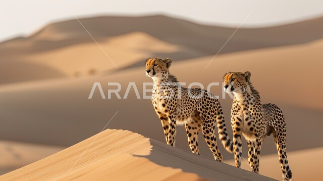  الحيوانات البرية المفترسة، محميات طبيعية لتربية ورعاية الثدييات، حدائق الحيوان في المملكة العربية السعودية، حيوانا الفهد المنقط يقفان وسط الصحراء، الكثبان الرملية الناعمة، خلفية الطبيعة