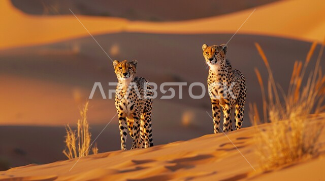  الحيوانات البرية المفترسة، محميات طبيعية لتربية ورعاية الثدييات، حدائق الحيوان في المملكة العربية السعودية، حيوانا الفهد المنقط يقفان وسط الصحراء، الكثبان الرملية الناعمة، خلفية الطبيعة