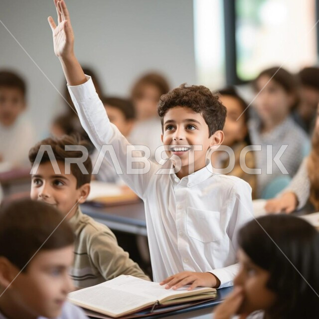 التفاعل والمشاركة داخل الفصل الدراسي، طالب عربي خليجي سعودي يرتدي الثوب التقليدي يرفع يده للإجابة ، التربية والتعليم بالمناهج المقررة للطلاب في المملكة العربية السعودية