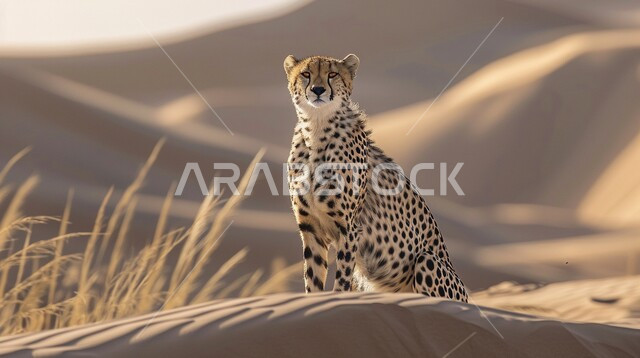 محميات طبيعية لتربية ورعاية الثدييات، الحيوانات البرية المفترسة، حدائق الحيوان في المملكة العربية السعودية، حيوان الفهد المنقط يقفان وسط الصحراء، الكثبان الرملية الناعمة، خلفية الطبيعة