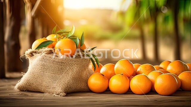 كيس من القماش يحتوي على حبات البرتقال الطازجة والشهية على طاولة خشبية، الفواكه المغذية والمليئة بالفيتامينات، منتجات وطنية محلية، فاكهة الشتاء الصحية