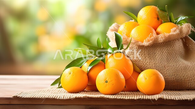 Local national products, a cloth bag containing fresh and delicious oranges on a wooden table, nutritious fruits full of vitamins, healthy winter fruits.