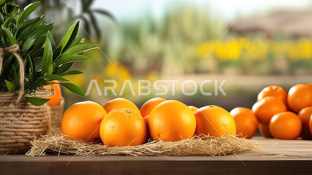 مجموعة من حبات البرتقال الطازجة والشهية على طاولة خشبية بجانب سلة من القش، الفواكه المغذية والمليئة بالفيتامينات، منتجات وطنية محلية، فاكهة الشتاء الصحية