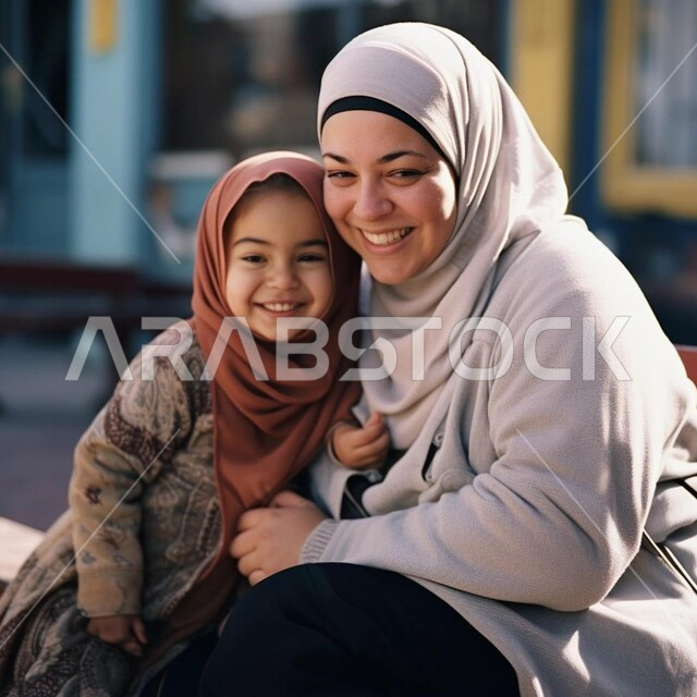 مشاعر الأمان والحب مع العائلة، مفهوم العاطفة عند الأمهات، امرأة عربية خليجية سعودية محجبة تحضن ابنتها بحب وحنان، النظر الى الكاميرا بايماءات السعادة  والسرور