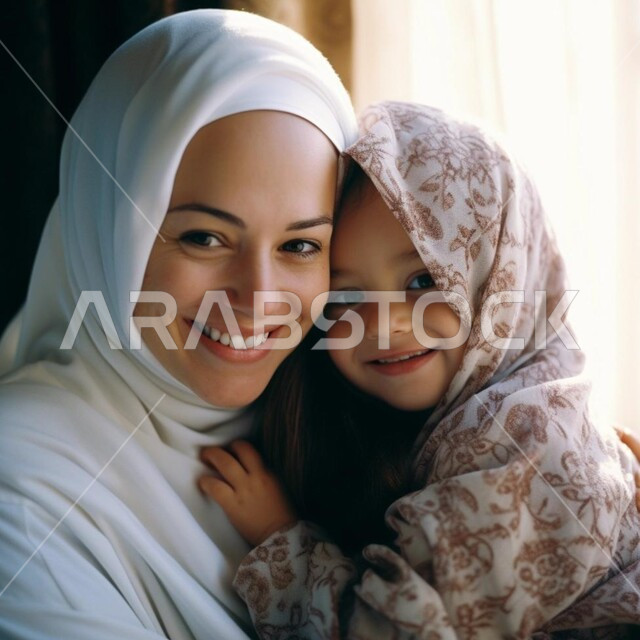 Emotion among mothers, feeling safe and loved with the family, a close-up photo of a veiled Saudi Gulf Arab woman hugging her daughter with love and tenderness, looking at the camera with gestures of happiness and pleasure.