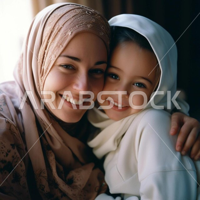 مفهوم العاطفة عند الأمهات، الشعور بالأمان والحب مع العائلة، صورة مقربة لامرأة عربية خليجية سعودية محجبة تحضن ابنتها بحب وحنان، النظر الى الكاميرا بايماءات السعادة  والسرور