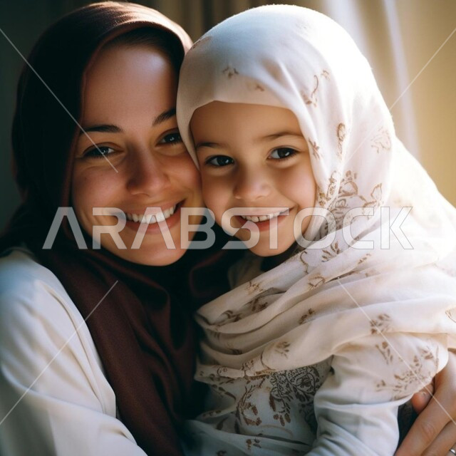 ايماءات السعادة  والسرور والنظر الى الكاميرا ، الشعور بالأمان والحب مع العائلة، مفهوم العاطفة عند الأمهات، صورة مقربة لامرأة عربية خليجية سعودية محجبة تحضن ابنتها بحب وحنان