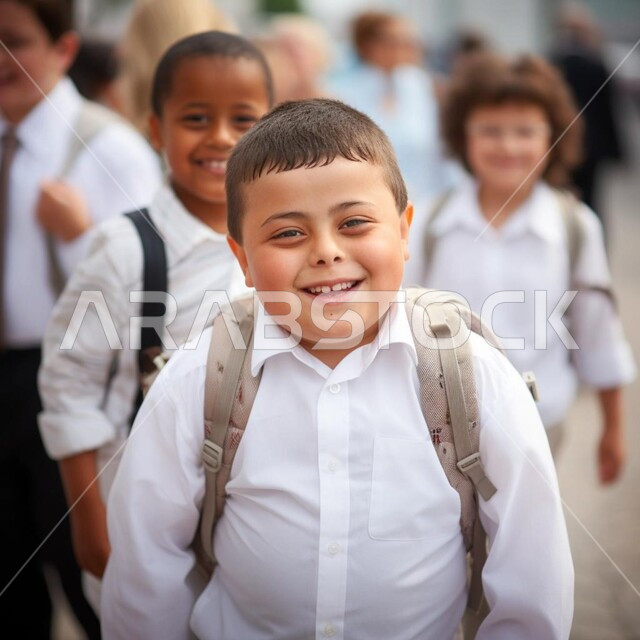 دمج الأطفال ذوي الإحتياجات الخاصة بالتعليم في المدارس السعودية، تنمية مهارات التواصل لأصحاب الهمم، صورة مقربة لولد عربي خليجي سعودي مصاب بالمتلازمة داون يحمل حقيبة الظهر المدرسية، النظر الى الكاميرا بايماءات السعادة والسرور