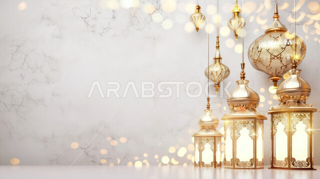 تصميم للتهنئة بالشهر الفضيل، الاحتفال بقدوم شهر رمضان المبارك، خلفيات وديكورات رمضانية إسلامية، فوانيس معدنية مضيئة باللون الذهبي، خلفية بيضاء 