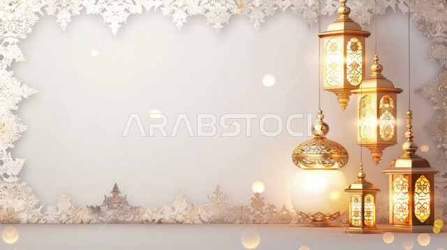 الاحتفال بقدوم شهر رمضان المبارك، تصميم للتهنئة بالشهر الفضيل، خلفيات وديكورات رمضانية إسلامية، فوانيس معدنية مضيئة باللون الذهبي، خلفية بيضاء 